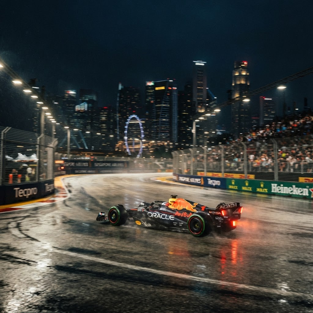 Formula 1 car racing under the lights at Marina Bay Street Circuit, Singapore