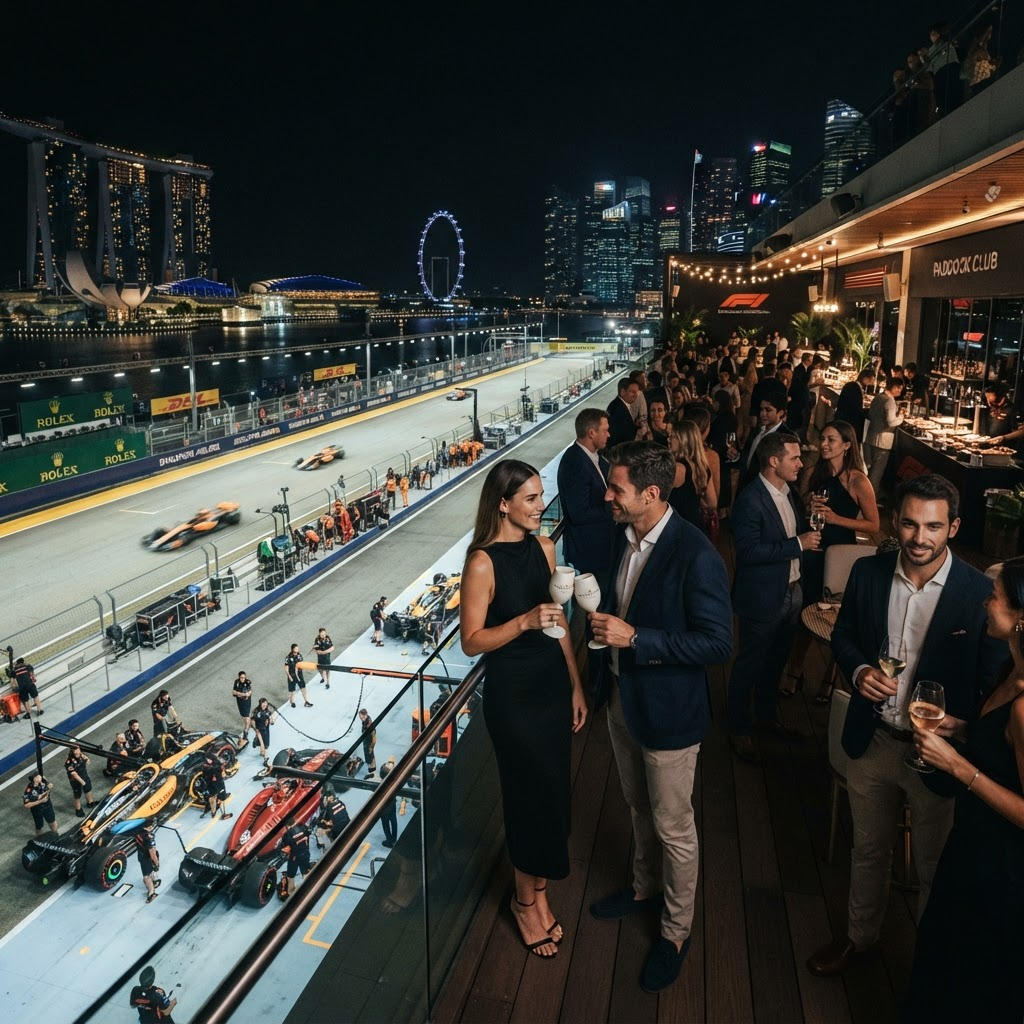 Formula 1 Paddock Club terrace above the pit lane at night